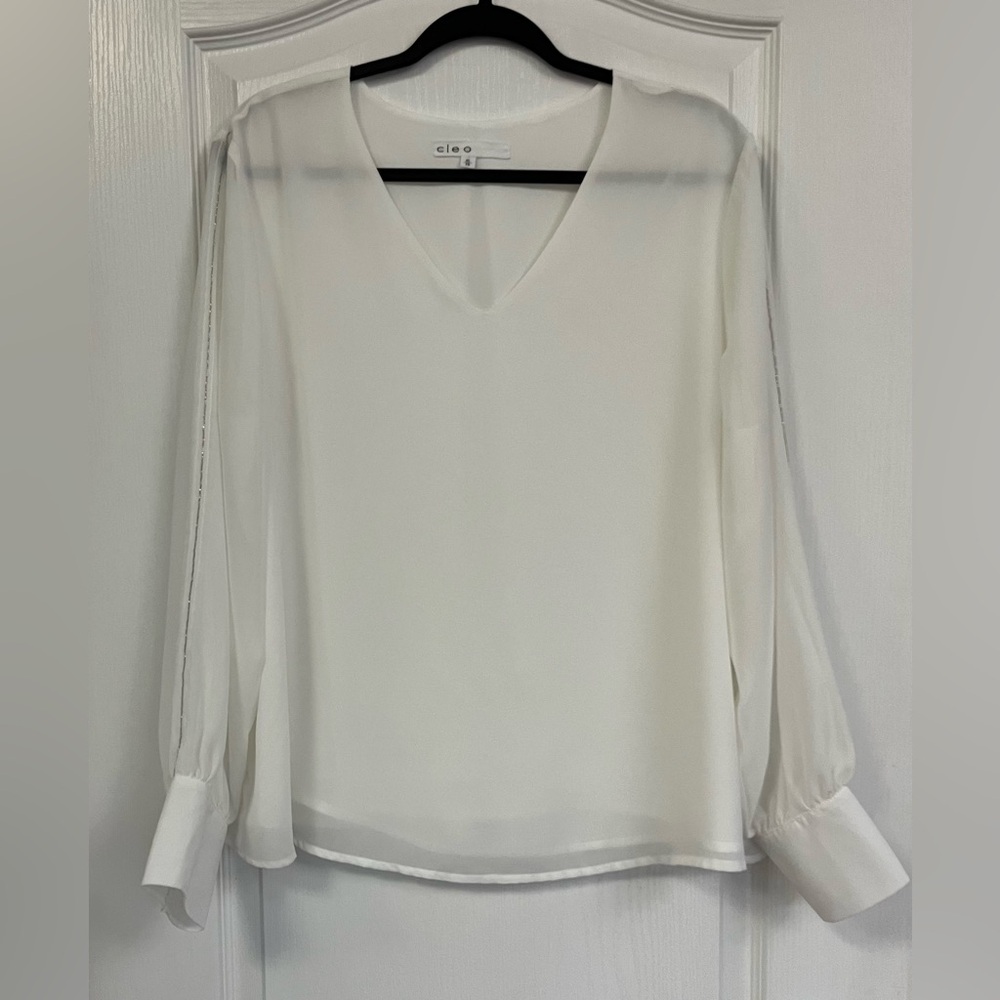 Cleo Women's Lined White V-Neck Blouse With Silver Beaded Piping on Sleeve XL